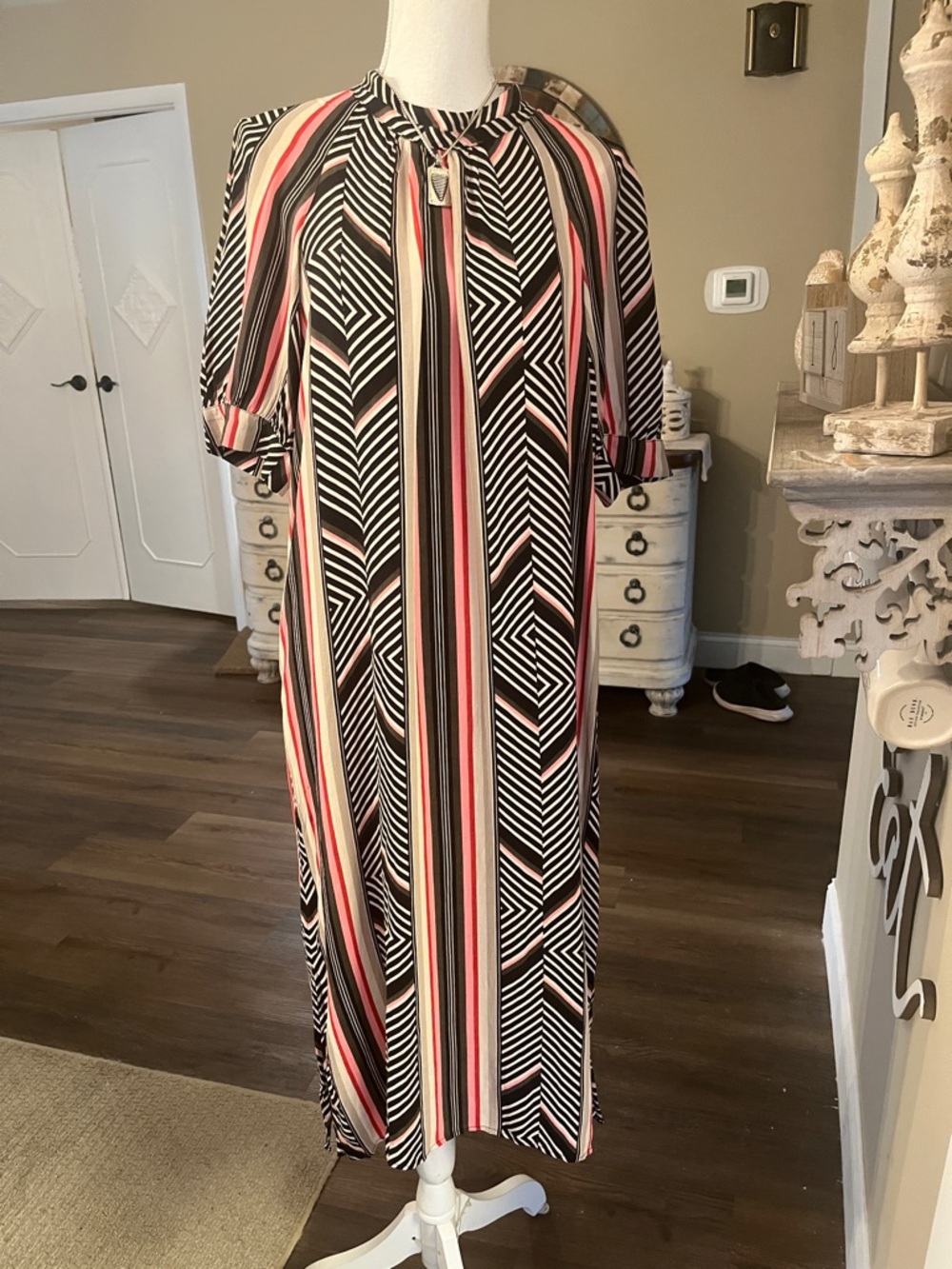 Anthropologie Geo-Stripe Midi Dress in Black and Pink
